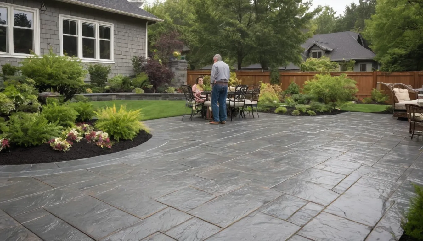 A finished stamped concrete patio with a slate pattern behind a wood-frame home in the Seattle area